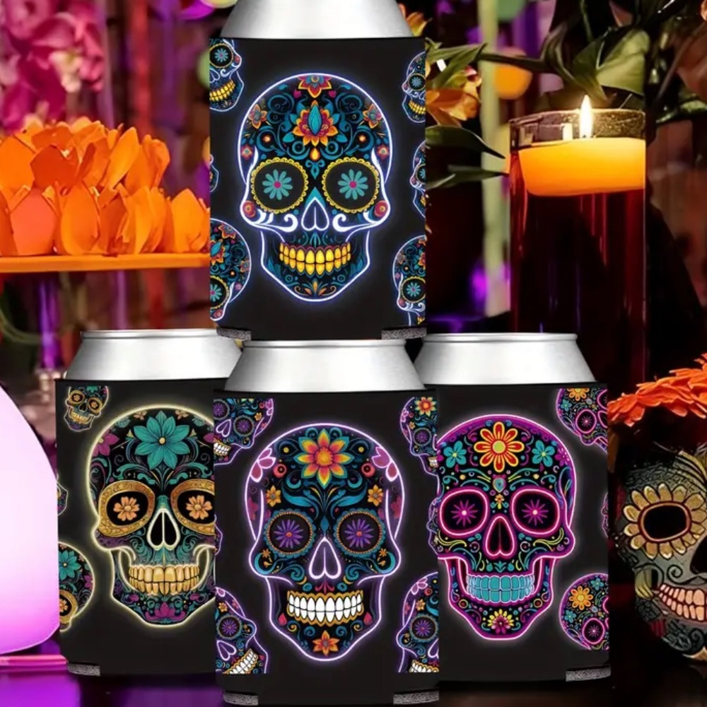 Sugar Skull "Let's Fiesta" Can Sleeves Cinco de Mayo Can Coolers Set of 4 New